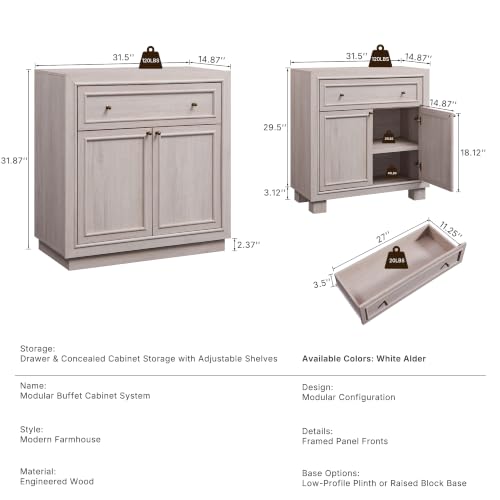 ACCOHOHO Modern Farmhouse Buffet Cabinet, 126" Sideboard Credenza, Modular Storage Cabinet with Framed Panel Fronts, Adjustable Shelves & Dual Base Design, White Alder - color: White Alder, size: 4 Piece