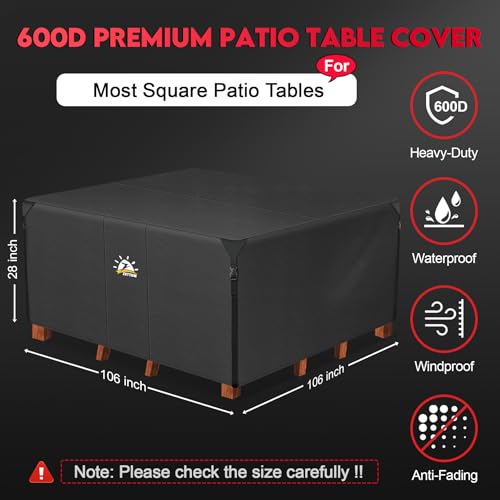 Zettum Patio Furniture Cover Square - 600D Outdoor Table Cover Waterproof & Heavy Duty, Extra Large Lawn Furniture Set Covers for Outside Dining Table and Chairs Seating Combo - 106 x 106 x 28 Inch - size: 2) Square - 106"L x 106"W