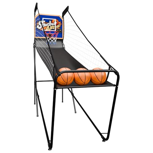 JupiterForce Foldable Electronic Arcade Basketball Game, Indoor Single Shot Basketball Hoop Arcade Game with Electronic Scorer, Buzzer, 3 Basketballs and Pump for Adults