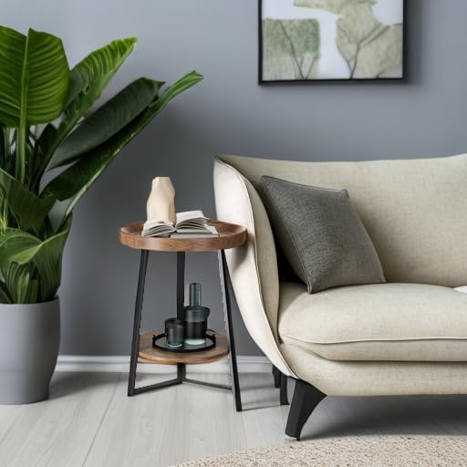 Gadroad Round End Table with Storage Shelf, 2 Tier Farmhouse Side Table Nightstand for Living Room, Bedroom, Wood Tabletop & Black Metal Frame, Brown 15.7 * 15.7 * 23.0inches