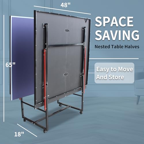 8ft Foldable Ping Pong Table Set, Mid-Size Portable Table Tennis Table with Net, Paddles & Balls, Indoor Outdoor Game Table for Home, Office, and Playroom
