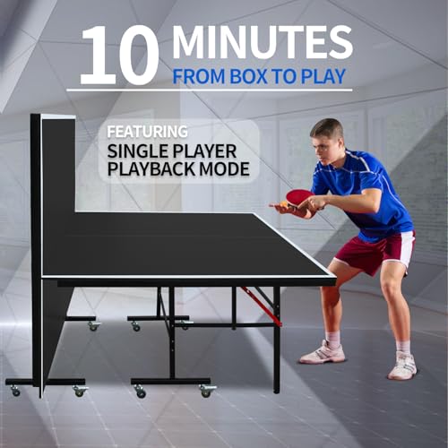 GOWE 8ft Black Mid-Size Table Tennis Table Foldable & Portable Ping Pong Table Set for Indoor Games with Net, 2 Table Tennis Paddles and 3 Balls