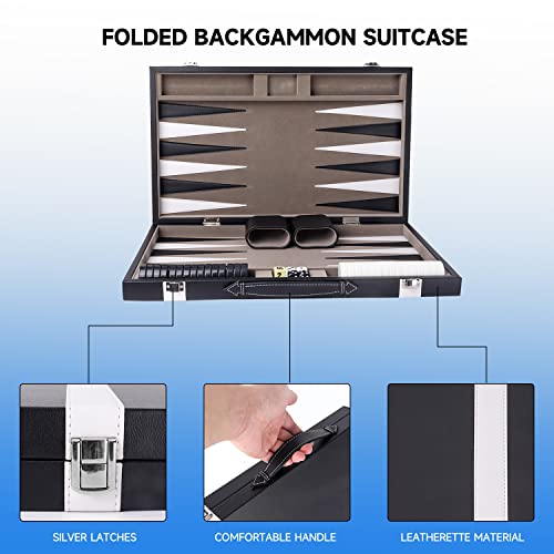 GSE Premium Leather Backgammon Board Game Set, Black&Grey, Large | Premium Leather, Travel Folding Board, Classic Game Set, Leather Case Included - color: Leather-black&grey, size: Large