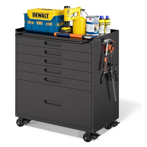 Metal Garage Storage Cabinet with Wheels, Rolling Tool Cabinet with 6 Drawers, Heavy Duty Tool Cabinet with Workbench, Assembly Required, Black - color: Black, style: 6 Drawers
