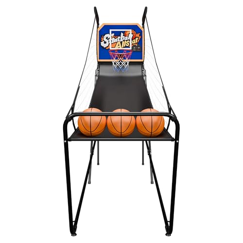 JupiterForce Foldable Electronic Arcade Basketball Game, Indoor Single Shot Basketball Hoop Arcade Game with Electronic Scorer, Buzzer, 3 Basketballs and Pump for Adults