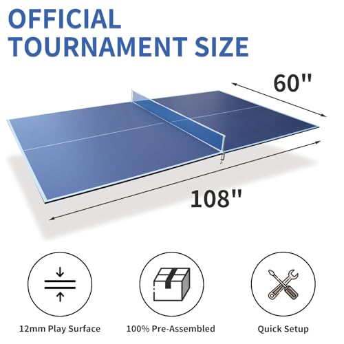 GOWE 9ft Blue Mid-Size Ping Pong Conversion Top Foldable & Portable Table Tennis Table Top for Indoor Games
