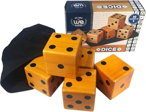 WE Games Giant Roll 'em Dice – 5 Wooden Lawn Dice for Outdoor Games, Yard Fun, and More - Durable 3 x 3 in. Large Dice Set with Black Drawstring Bag and Game Instructions