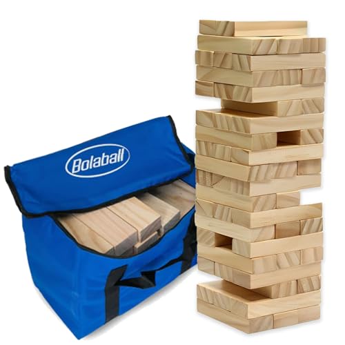 Bolaball Tumbling Tower Game with 56 Wooden Blocks & Carry Bag, Classic Stacking Tower for Family Games, Party Games, Travel Games, Indoor Outdoor Tumbling Games
