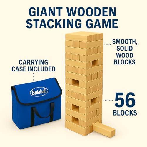 Bolaball Tumbling Tower Game with 56 Wooden Blocks & Carry Bag, Classic Stacking Tower for Family Games, Party Games, Travel Games, Indoor Outdoor Tumbling Games