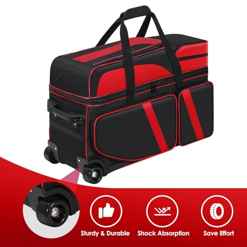 4 Ball Bowling Bags with Wheels, Bowling Ball Bag with Multi-Pockets,4 Ball Bowling Bag with Secure Buckle Fixed Ball Cup & Shoe Compartment,3 Ball Bowling Bag+1 Ball Color Matching Add On Tote - color: red 3+1