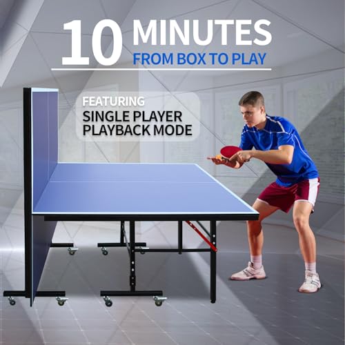 Table Tennis Table, 8 Ft Foldable Indoor Table, Portable Mid Size Game Set, Net, 2 Paddles and 3 Balls, Playback Mode for Home Office Recreation Centers