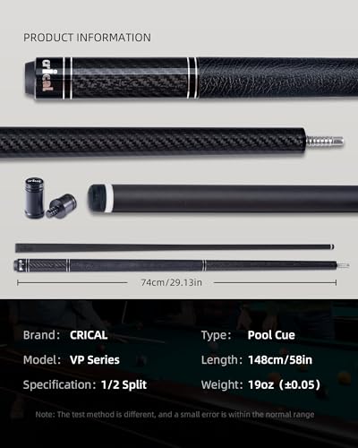 CRICAL Carbon Fiber Pool Cue with Stick Low Deflection Shaft - 58 Inch Billiard Cue Stick with Cowhide Grip & 3K Weave Design, 12.5mm Tip, Fixed Weight (19oz), 3/8x8 Joint – Ideal for Players - color: CL-VP-2-set4