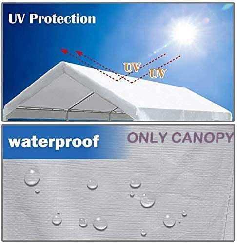 10'x20' Upgraded Carport Replacement Top Canopy Cover for Car Garage Shelter Tent Party Tent with Ball Bungees White (Only Top Cover, Frame is not Included)
