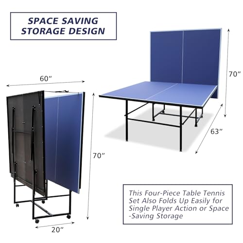 IUNNDS Portable Table Tennis Table 6/8/8.5/9FT Foldable Ping Pong Game Set for Indoor with Net and Post Set, 2 Paddles and 3 Balls - color: Blue-9FT