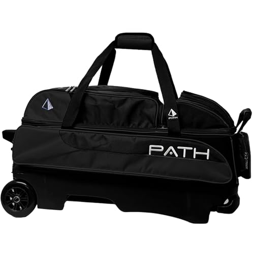Pyramid Path Triple Premium Deluxe Roller Bowling Bag With Extra Large Separate Shoe Compartment (Up To US Mens Size 16) and 5 Accessory Pockets, 5" Wheels, Retractable Locking Handle - Extends to 42" - color: Black/Black