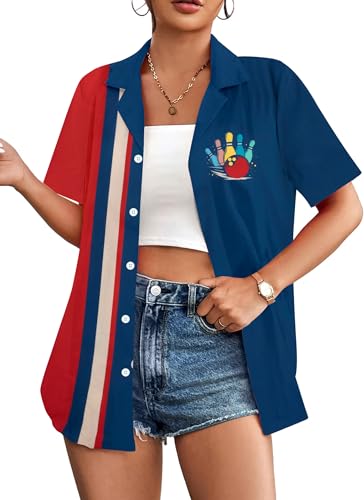 Bowling Shirts Women Hawaiian Bowling Shirt Bowling Lover Gift Tops Bowler Button Down Short Sleeve Tee - color: Blue-1, size: Medium