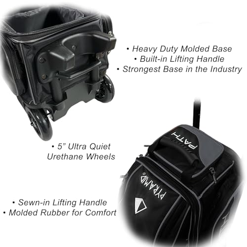 Pyramid Path Triple Premium Deluxe Roller Bowling Bag With Extra Large Separate Shoe Compartment (Up To US Mens Size 16) and 5 Accessory Pockets, 5" Wheels, Retractable Locking Handle - Extends to 42" - color: Black/Red