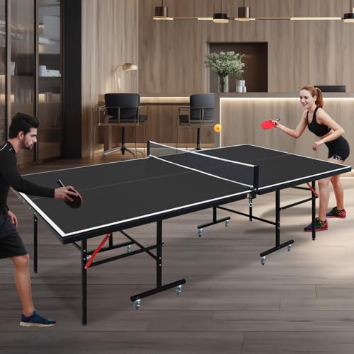 GOWE 8ft Black Mid-Size Table Tennis Table Foldable & Portable Ping Pong Table Set for Indoor Games with Net, 2 Table Tennis Paddles and 3 Balls