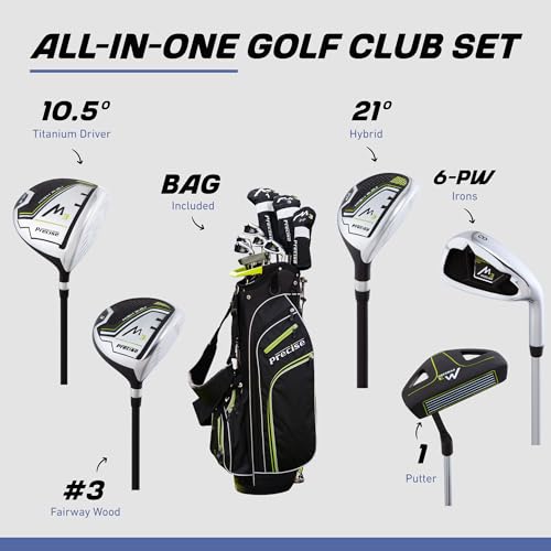 Precise M3 Men’s 14-Piece Golf Set – 460cc Driver, Wood, Hybrid, 6-PW Irons, Putter, Stand Bag, 3 Headcovers and Cover - RH - size: Green - Tall Size +1"
