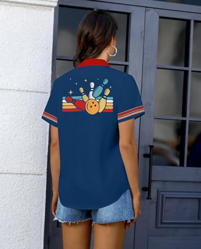 Bowling Shirts Women Hawaiian Bowling Shirt Bowling Lover Gift Tops Bowler Button Down Short Sleeve Tee - color: Blue, size: Medium