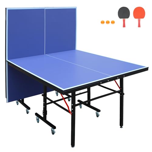 8ft Mid Size Table Tennis Table Foldable Portable Ping Pong Table Set for Indoor Games with Net, 2 Table Tennis Paddles and 3 Balls