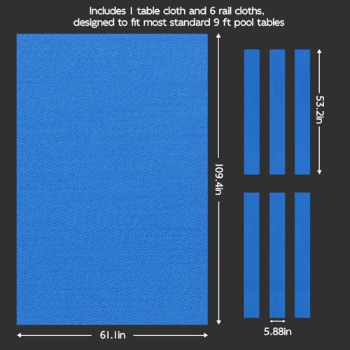 KONLLEN 9ft Pool Table Felt, 80/20 Wool Nylon Blend Billiard Table Cloth with Pre-Cut Strips, Professional Replacement Felt for Home & League Play - color: 004-Blue