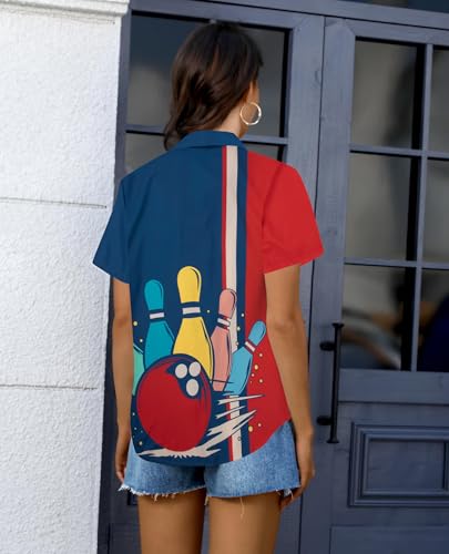 Bowling Shirts Women Hawaiian Bowling Shirt Bowling Lover Gift Tops Bowler Button Down Short Sleeve Tee - color: Blue-1, size: Medium