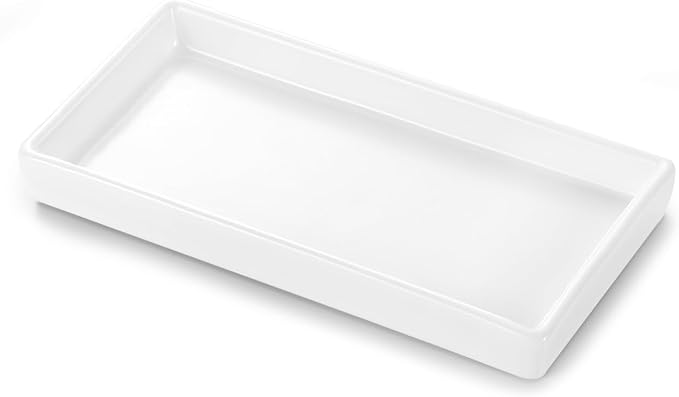 Luxspire Bathroom Vanity Tray, Mini Soap Dispenser, Small Ceramic Perfume and Jewelry Dish, Trinket Holder, Rectangle Candle Tray, Bath Organizer Kitchen Sink Narrow Dish, White