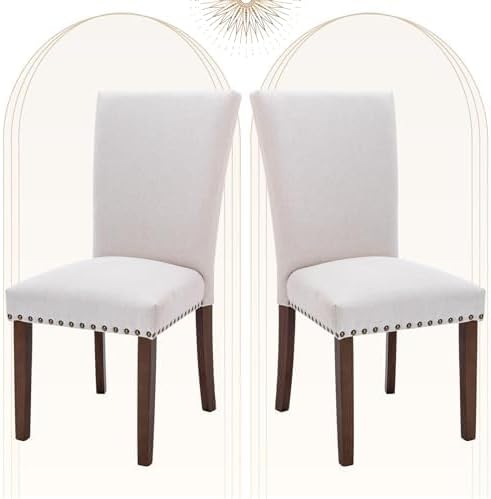 COLAMY Upholstered Parsons Dining Chairs Set of 2, Fabric Dining Room Kitchen Side Chair with Nailhead Trim and Wood Legs - Beige