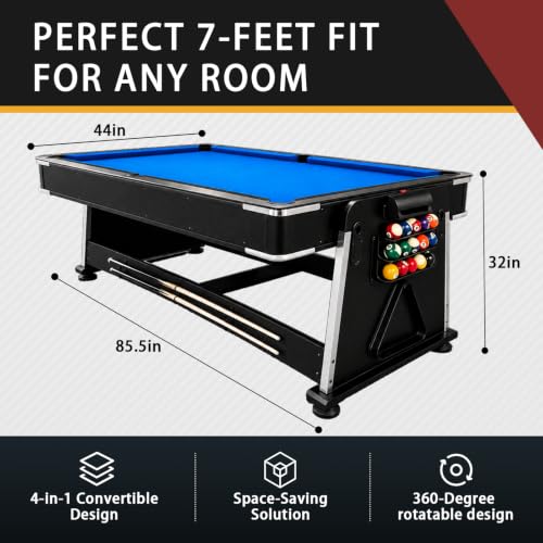4-in-1 Multi Game Table – Pool Table,Air Hockey Table,Ping Pong Table & Dining Table Combo with Flip-Top Design,Includes Full Accessories.7ft Billiard Tables for Living Room,Bar,and Game Room.