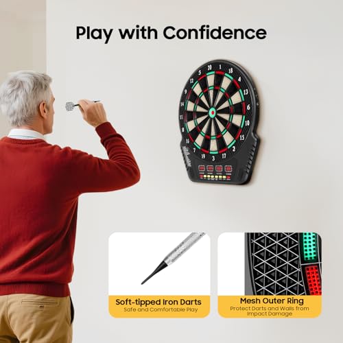Electronic Dart Board Set 27 Games, Wall Mounted Soft Tip Dart Board with 243 Modes Supports 16 Players, Digital Dart-Boards for Adults with 4 LED Screens Voice Prompts & Automatic Counting