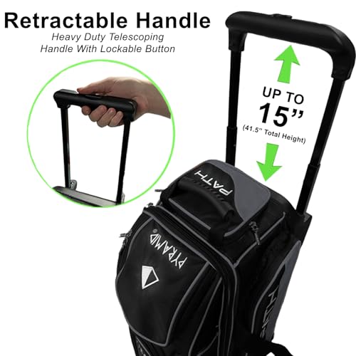 Pyramid Path Triple Premium Deluxe Roller Bowling Bag With Extra Large Separate Shoe Compartment (Up To US Mens Size 16) and 5 Accessory Pockets, 5" Wheels, Retractable Locking Handle - Extends to 42" - color: Black/Lime Green