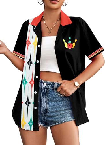 Bowling Shirts Women Hawaiian Bowling Shirt Bowling Lover Gift Tops Bowler Button Down Short Sleeve Tee - color: Black, size: Medium