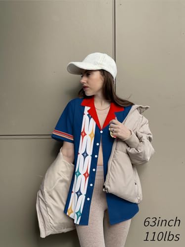 Bowling Shirts Women Hawaiian Bowling Shirt Bowling Lover Gift Tops Bowler Button Down Short Sleeve Tee - color: Blue, size: Medium