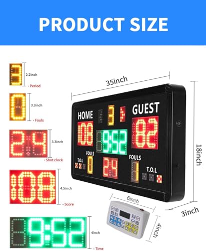 Large Electronic Scoreboard with Panel Control,Wall-Mounted Digital Scoreboard & Timer,Basketball Shot Clock 14/24 Second & Custom Time,Score Keeper with LED Display, 110dB Loud Buzzer