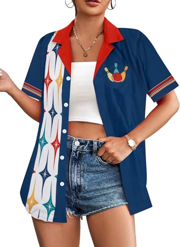 Bowling Shirts Women Hawaiian Bowling Shirt Bowling Lover Gift Tops Bowler Button Down Short Sleeve Tee - color: Blue, size: Medium