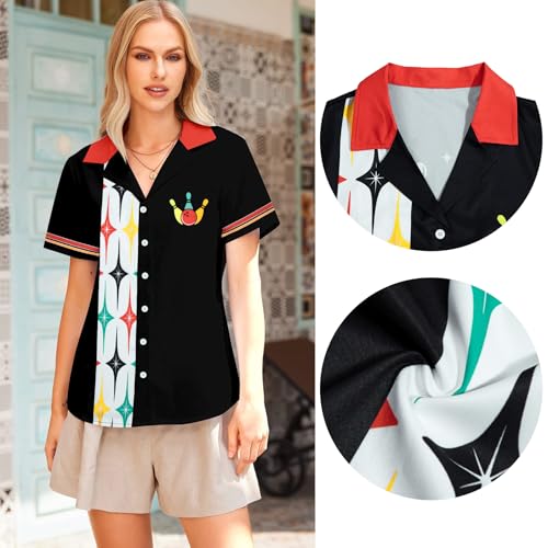 Bowling Shirts Women Hawaiian Bowling Shirt Bowling Lover Gift Tops Bowler Button Down Short Sleeve Tee - color: Black, size: Medium