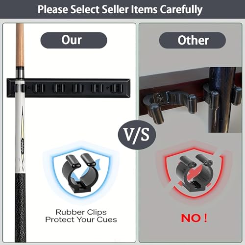 SUPERDIAMOND Hardwood Pool Cue Rack Wall Mount, 6 Pool Stick Holder with Accessory Storage Shelf & Triangle Hooks, Adjustable 2-Piece Space Saving Billiard Organizer for Game Room, Man Cave (Black) - size: 6 Cues, style: SU-wa6-Cue Racks-black2