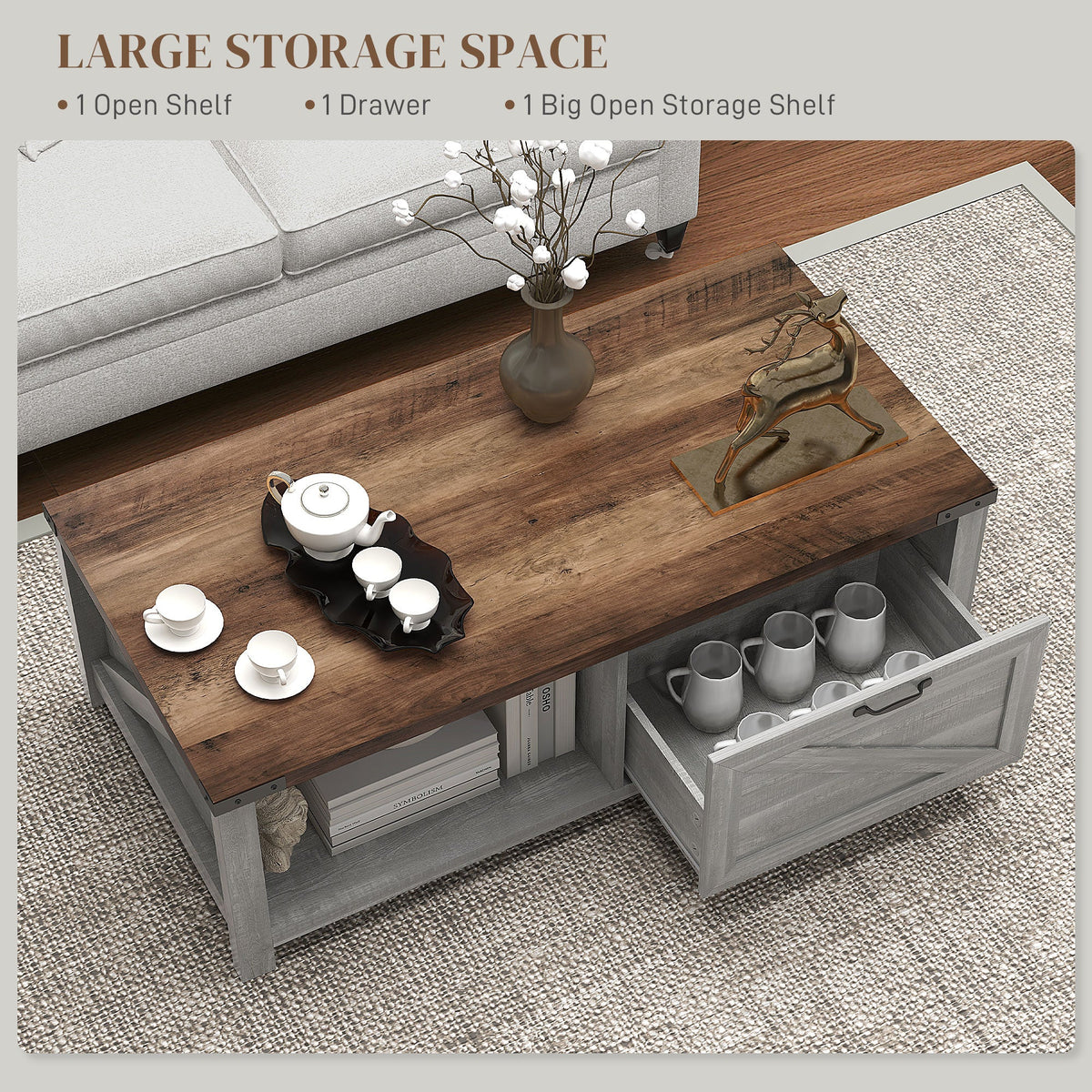 Coffee Table with Storage, Farmhouse Living Room Table with Storage Drawer and Open Shelf, Distressed Gray