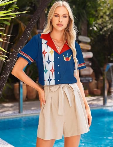 Bowling Shirts Women Hawaiian Bowling Shirt Bowling Lover Gift Tops Bowler Button Down Short Sleeve Tee - color: Blue, size: Medium