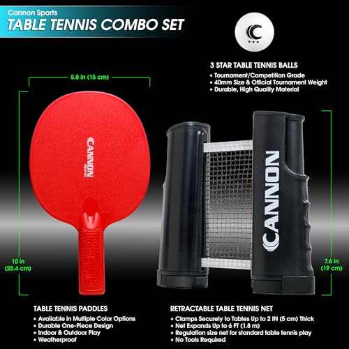 Cannon Sports Table Tennis Set – 2 Unbreakable Paddles, 6 3-Star Balls, Retractable Net & Carry Bag – Clamp-On Portable Ping Pong Net Fits Tables up to 2 Inch Thick, Extends to 6 Feet - color: Red