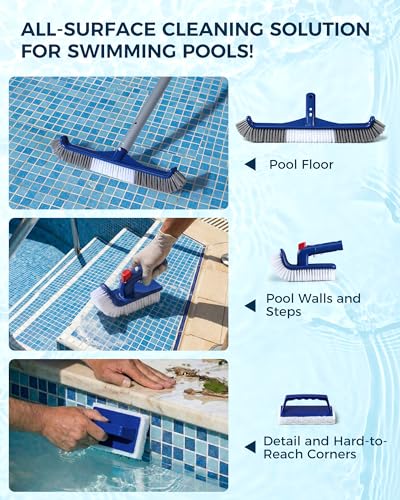 3-in-1 Full-Coverage Pool Brush Head Set - Includes 17.5" Long Brush, Rotatable Handheld/Extension Pole Brush, Sponge Brush, Durable Scrubber Brush Set for Pool Floors/Corners/Steps