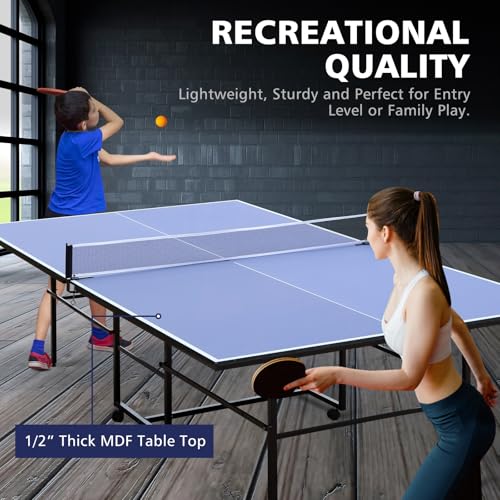 IUNNDS Portable Table Tennis Table 6/8/8.5/9FT Foldable Ping Pong Game Set for Indoor with Net and Post Set, 2 Paddles and 3 Balls - color: Blue-9FT