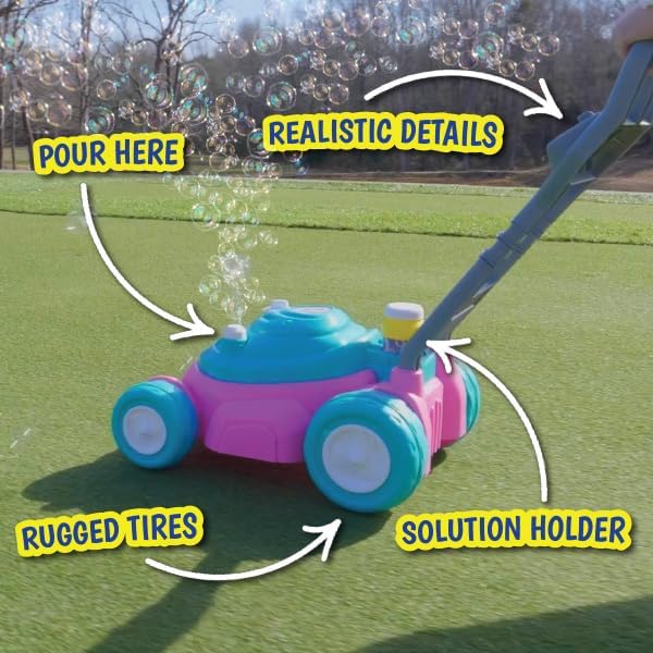 Sunny Days Entertainment Maxx Bubbles Deluxe Bubble Lawn Mower Toy – Includes 4oz Bubble Solution | Outdoor Bubble Machine for Kids | Easy to Use, No Batteries Required | Amazon Exclusive, Pink