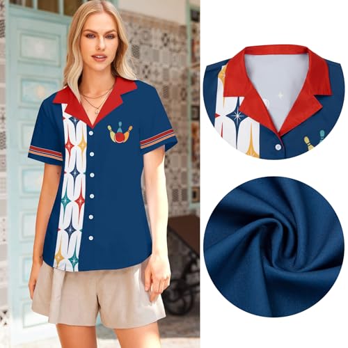 Bowling Shirts Women Hawaiian Bowling Shirt Bowling Lover Gift Tops Bowler Button Down Short Sleeve Tee - color: Blue, size: Medium