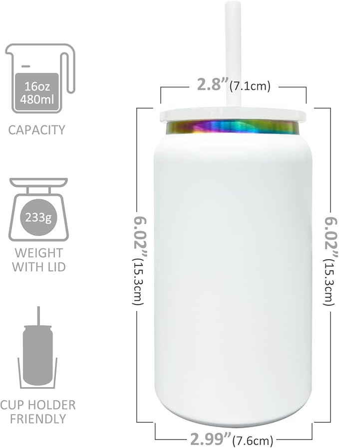 4 Pack Glass Cups with Lids and Straws, 16 oz Stainless Steel Cups, Insulated Skinny Tumbler, Powder Coated Travel Tumblers for Laser Engrave, Iced Coffee Cup for Smoothie Water DIY Gift(White,4 pack)
