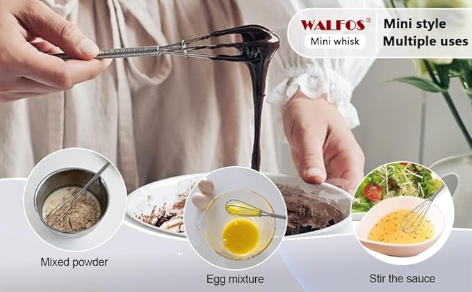 Walfos Mini Whisks Stainless Steel, Small Whisk 2 Pieces, 5in and 7in Tiny Whisk for Whisking, Beating, Blending Ingredients, Mixing Sauces