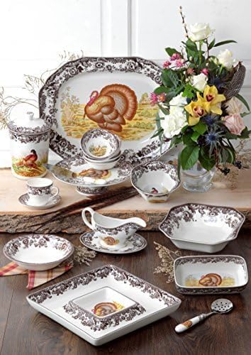 Spode Woodland Turkey Round Platter - 12" Fine Porcelain Serving Tray with British Flowers Border, Rustic Thanksgiving Design - Microwave, Dishwasher, Freezer & Warm Oven Safe - Made in England
