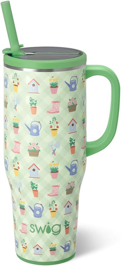 Swig Life 40oz Leak Proof Mega Mug, 40oz Leak Proof Tumbler with Handle and Straw, Extra Large Insulated Tumblers, Cup Holder Friendly Travel Mug, Reusable Leakproof Water Bottle (Green Thumb)