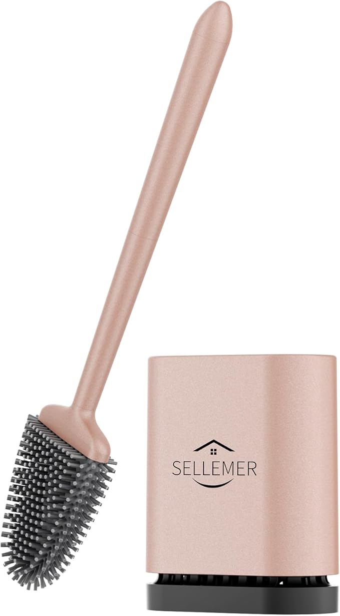 Sellemer Toilet Brush and Holder Set - Flexible Toilet Bowl Brush Head with Silicone Bristles, Compact Size for Storage and Organization, Ventilation Slots Base (1 Pack, Rose Gold)